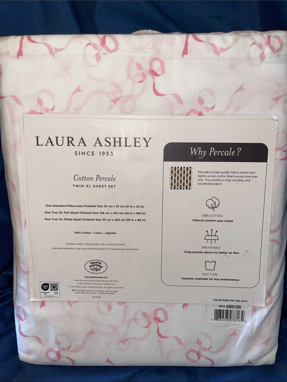 Laura Ashley Cotton Percale Twin XL Sheet Set in White with Pink Ribbon Motif